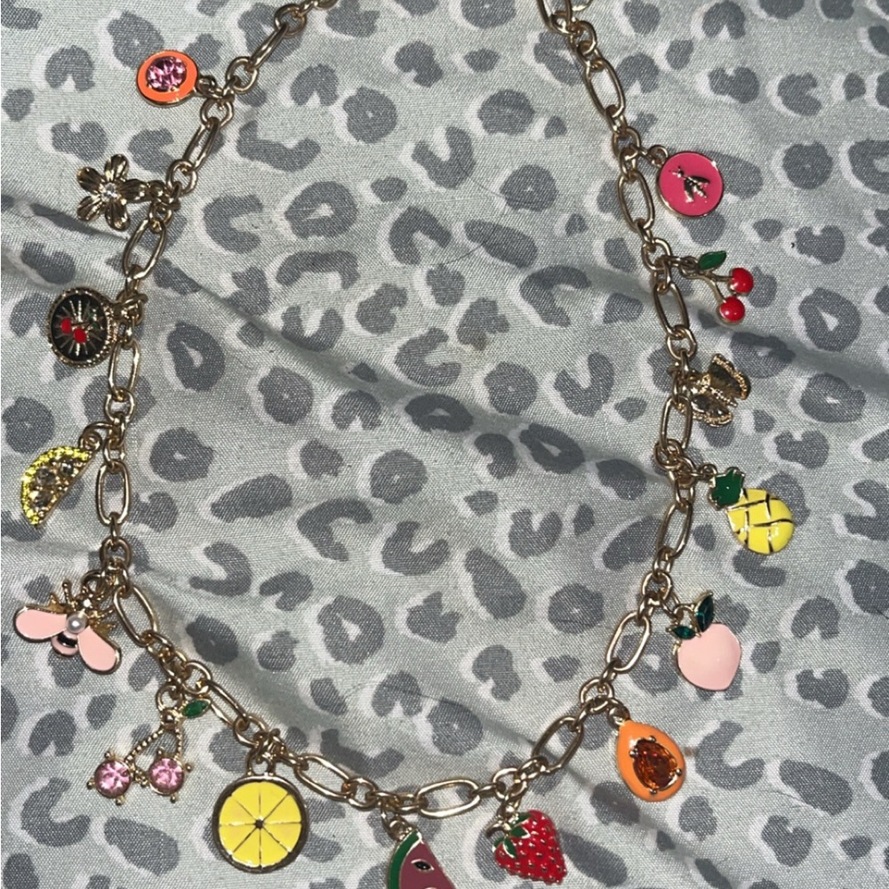 Gold Charm Necklace with Colorful Fruit Pendants